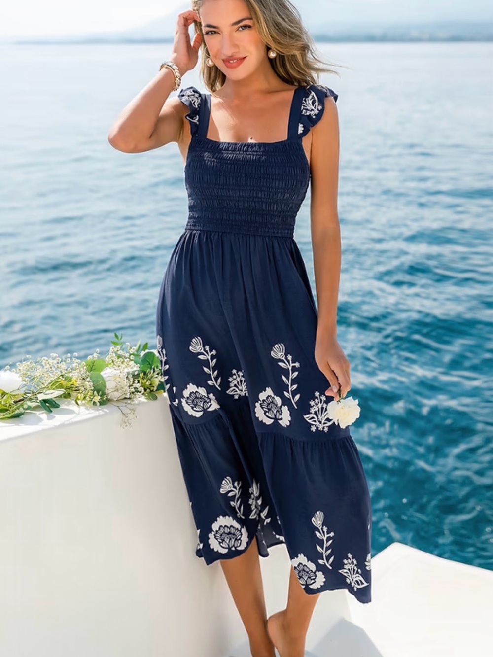 Cupshe Navy Blue Floral Smocked Midi Dress